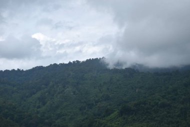 landscape of mountain with rain cloud and mist at Sai Thong water reservoir lake in Thailand clipart