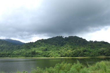 Tayland 'daki Sai Thong su deposunda yağmur bulutu ve sisle kaplı dağ manzarası.