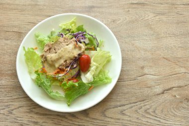 Sebze salatalı ton balığı püresi Japon usulü kızarmış susam kreması sosu tabakta