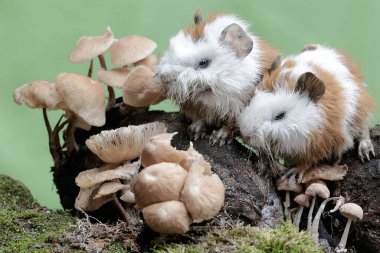İki genç kobay mantar kolonileri yiyorlar ve bu koloniler yosun ile kaplanmış bir şekilde yerde yetişiyorlar. Bu kemirgen memelinin bilimsel adı Cavia Porcellus..