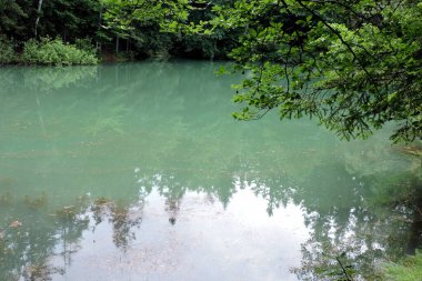 Rudawy Janowickie, Sudetes dağları ve Polonya 'daki ağaçlar arasında masmavi bir lakelet manzarası
