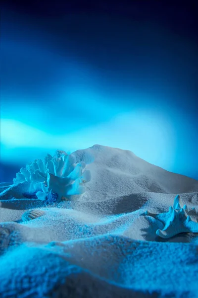 Blue Background Product Display Ice Adn Sand — Stock Photo, Image