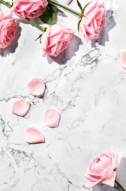 Ürün gösterimi için gül duvar kâğıdı, güllerin üzerinde ürünlerin sergilenmesi, pembe arkaplan
