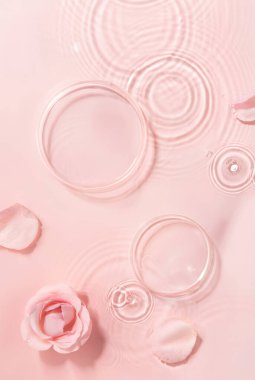 Ürün gösterimi için gül duvar kâğıdı, güllerin üzerinde ürünlerin sergilenmesi, pembe arkaplan