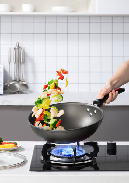 Images of cooking at home, preparing dinner, Asian food on the table 