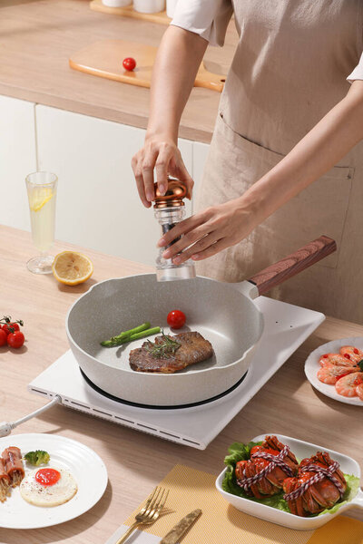 Images of cooking at home, preparing dinner, Asian food on the table 