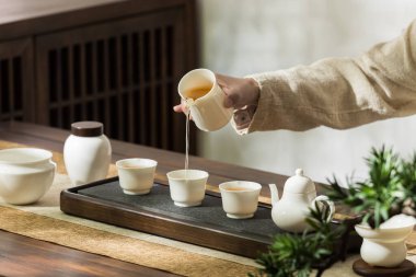 Çay takımı resmi, Asya tarzı çay, çay fincanı ve çaydanlık yapan kişi.