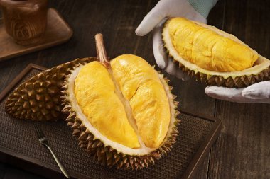 Durian, lezzetli ve taze Vietnam Durian, Enfes Durian Meyvesi Altın Et, Dikenli Deniz Kabuğu, Yakın plan