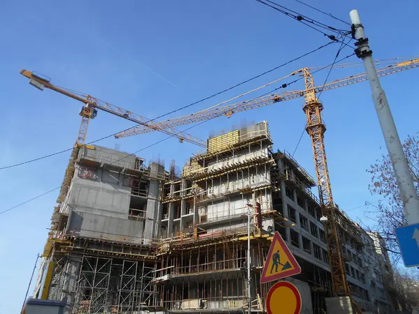 Details New Building Construction Scaffolding Cranes — Stock Photo, Image