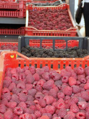 Plastik kasalarda ahududu ve böğürtlen var.