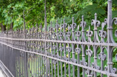 Arkasında parkı olan demirden yapılmış eski bir çit.