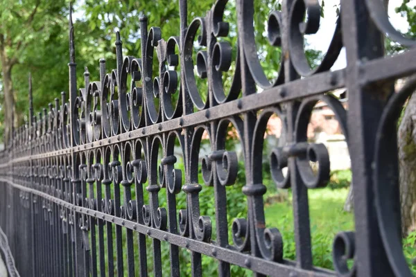 stock image Old fence made of wrought iron, with a park in the back