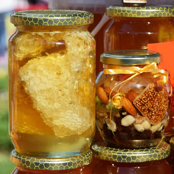 Jar Honeycomb Jar Dried Fruits Honey — Stock Photo, Image