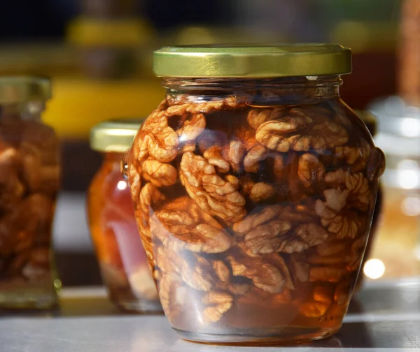 Glass Jars Full Nuts Honey — Stock Photo, Image