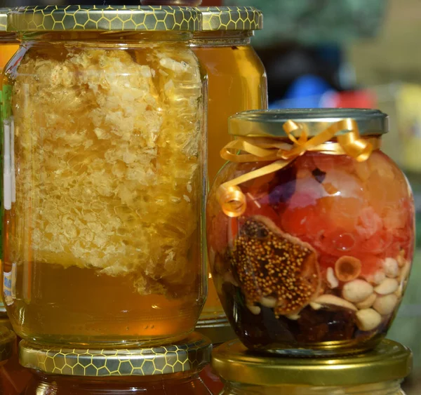 Jar Honeycomb Jar Dried Fruits Honey — Stock Photo, Image