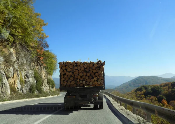transporting wood by truck on a local road