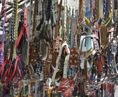 İstanbul pazarının çatısından sarkan deri kemerler, tasmalar ve at tasmaları