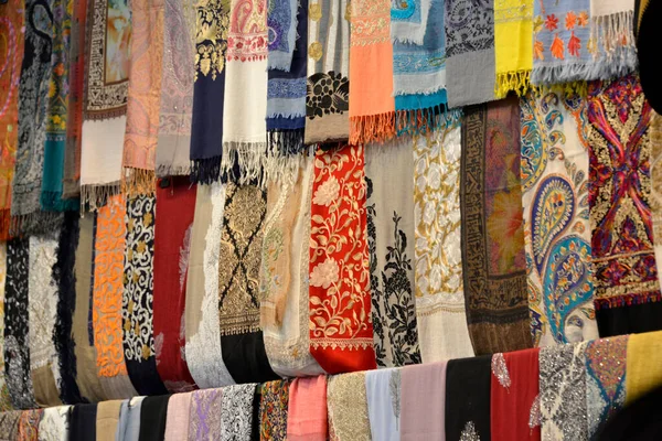 Colorful silk, cashmere or cotton scarves and kerchiefs on the Istanbul bazaar