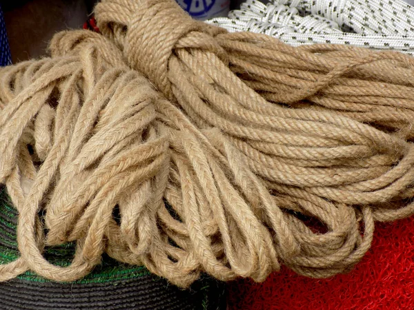 Bunches of rope on the market stand, on the street market in Istanbul