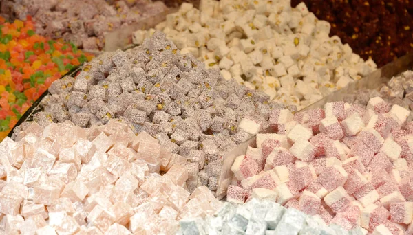 Colorful cubes of Turkish delight on the street market in Istanbul