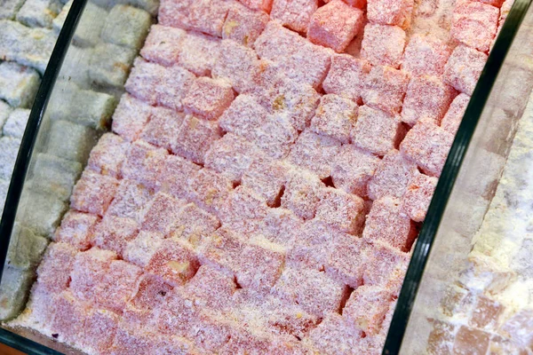 Colorful cubes of Turkish delight on the street market in Istanbul