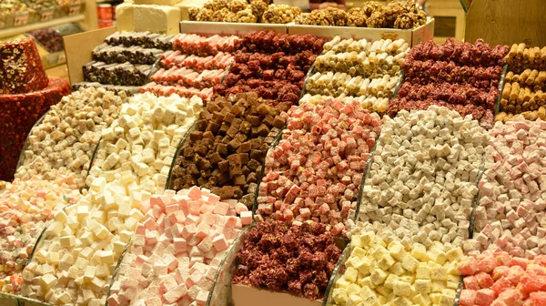 stock image Various types of Turkish delight on the street market in Istanbul