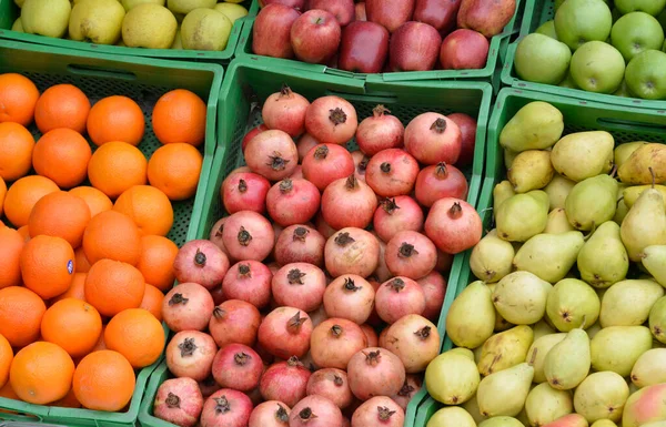 Gröna Gula Och Röda Äpplen Granatäpplen Apelsiner Och Päron Gröna — Stockfoto
