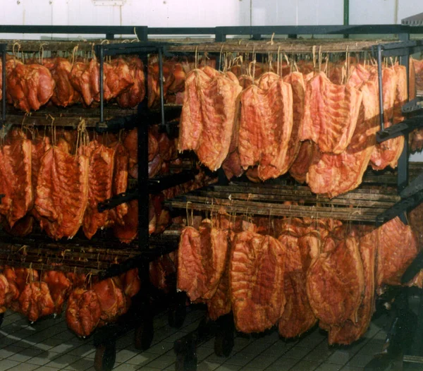 Slices Bacon Ham Hooks Butcher Grocery Shop — Stock Photo, Image