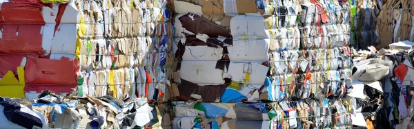 Packed bales of pressed paper and carton in the backyard of recycling factory