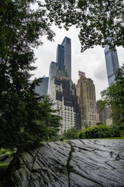 New York, ABD - 20 Temmuz 2023: Yağmurlu bir günde Central Park, New York çevresindeki bazı binalar.