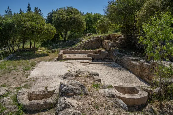 stock image Khurbat Khanot, Israel - April 20th, 2024: The mosaic covered floor of an ancient wine press house of a Byzantine monastery in the Judea mountains, Israel.