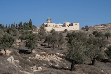 Kudüs, İsrail - 23 Aralık 2024: Mar Elias manastırı, İsrail 'in Kudüs kenar mahallelerinde, zeytin ağaçlarıyla çevrili..