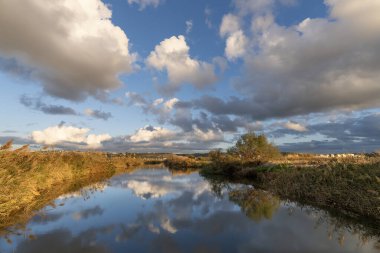 Alacakaranlık vaktinde bir dereye yansıyan kısmen bulutlu bir gökyüzü..