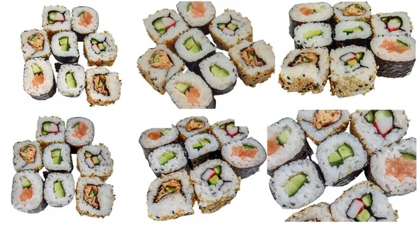 Colage Sushi Rolki Żywności Izolowane Białym Tle — Zdjęcie stockowe