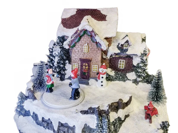 Miniatur Winterszene Mit Menschen Und Haus Weihnachtsdekoration — Stockfoto