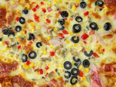 Pizza with ham, cheese, mushrooms, peppers, olives, corn