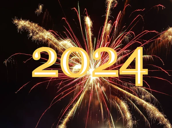Mutlu yıllar 2024. 2024 yılı havai fişeklerin arka planında. Yeni yıl arkaplanı