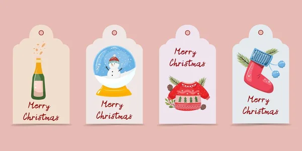 シャンパン 雪だるま プルオーバー サンタの靴下のボトルとクリスマスギフトタグのコレクションは 任意の装飾的なデザインの目的のために靴下 クリスマスのためのかわいいフラット漫画イラスト — ストックベクタ