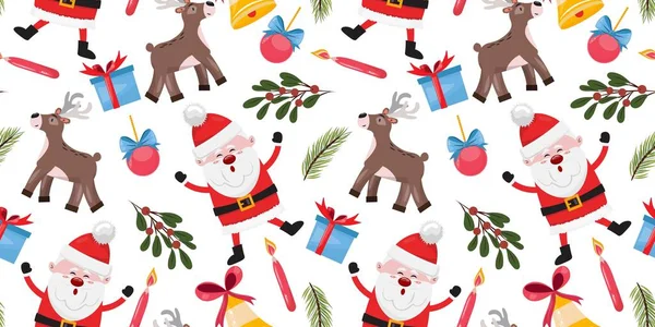 Dovolená Vánoce Zima Bezešvé Vzor Legrační Santa Claus Sobi Dekorativní — Stockový vektor