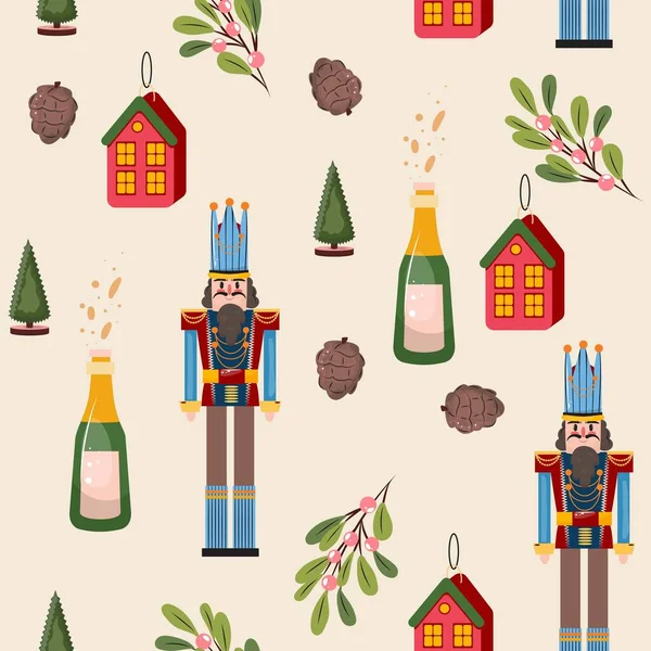 Vánoční Vzor Louskáčkem Lahví Šampaňského Domy Větvemi Borovými Šiškami Novoroční — Stockový vektor