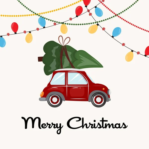 Üzerinde kırmızı bir araba ve çam ağacı olan bir Noel çizimi. Kartlar, davetiyeler, reklamlar, posterler, baskılar ve herhangi bir Noel kış tasarımı için.