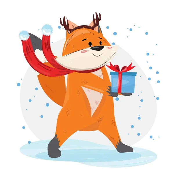Modern Christmas Illustration Cute Fox Carrying Gift Box Cards Invitations — Stock Vector