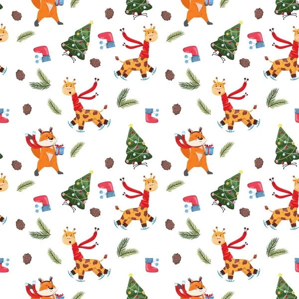 Söt Jul Sömlöst Mönster Med Giraff Och Räv För Textil — Stock vektor
