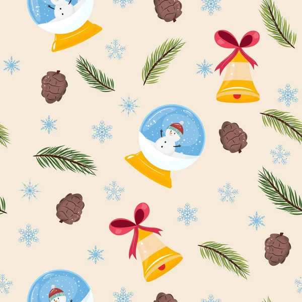Karácsonyi Zökkenőmentes Minta Hógömbbel Hóemberrel Fenyőágakkal Fenyőtobozokkal Harang Hópehelyekkel Textil — Stock Vector