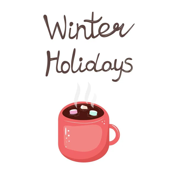 Téli Nyaralás Illusztráció Csésze Forró Csokoládé Mályvacukor Fehér Alapon Kártyákhoz — Stock Vector