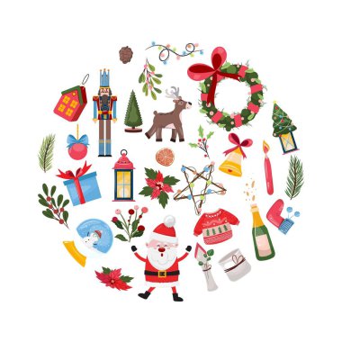 Çemberde Noel elementlerinin toplanması. Kış tatilleri için soyut tasarım unsurları. Herhangi bir tasarım projesi için Noel dekoratif unsurları. Kartlar, davetiyeler, reklamlar, posterler için..