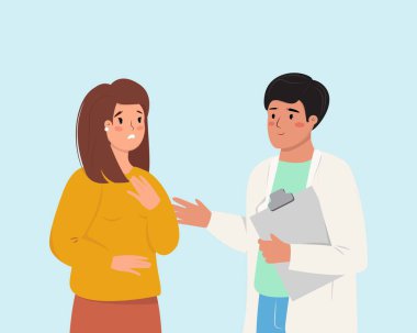 Semptomları ve endişeleri hakkında doktor kadın hasta tasviri. Tıbbi bakım. Bir kadın ve bir erkekle tıp, sağlık konsepti çizimi.