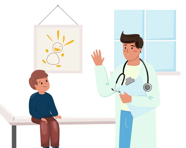 Médico Pediatra Revisando Pequeño Paciente Ilustración Con Médico Niño Habitación — Archivo Imágenes Vectoriales