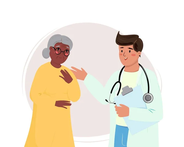 Ilustración Una Anciana Negra Hablando Sus Problemas Síntomas Joven Médico — Archivo Imágenes Vectoriales