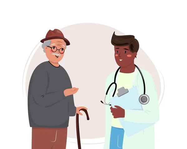 Ilustración Anciano Blanco Hablando Sus Problemas Síntomas Joven Médico Negro — Archivo Imágenes Vectoriales